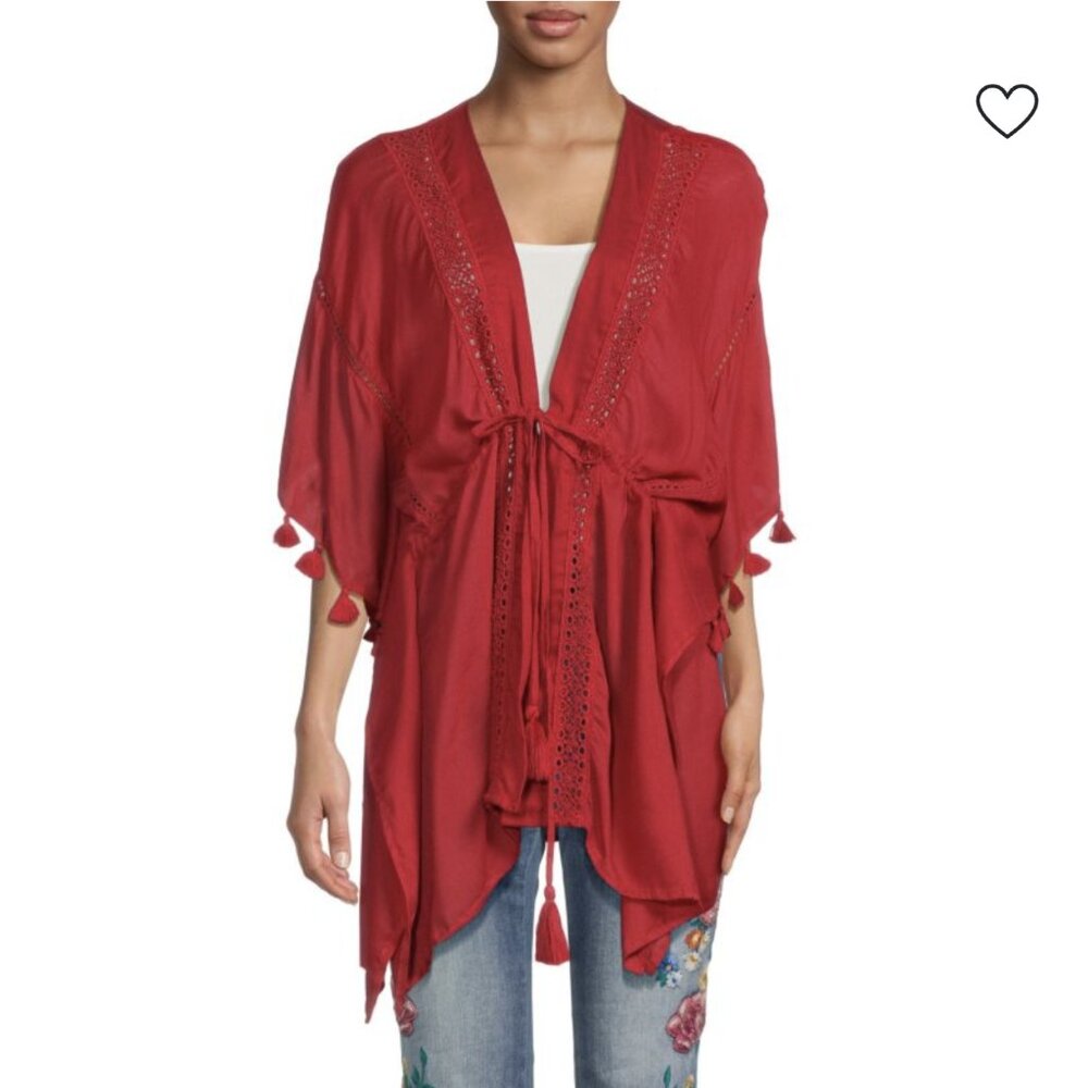Red Lace Trim Kimono Sleeve Caftan Vince Camuto Boho Beach Vacation One Size